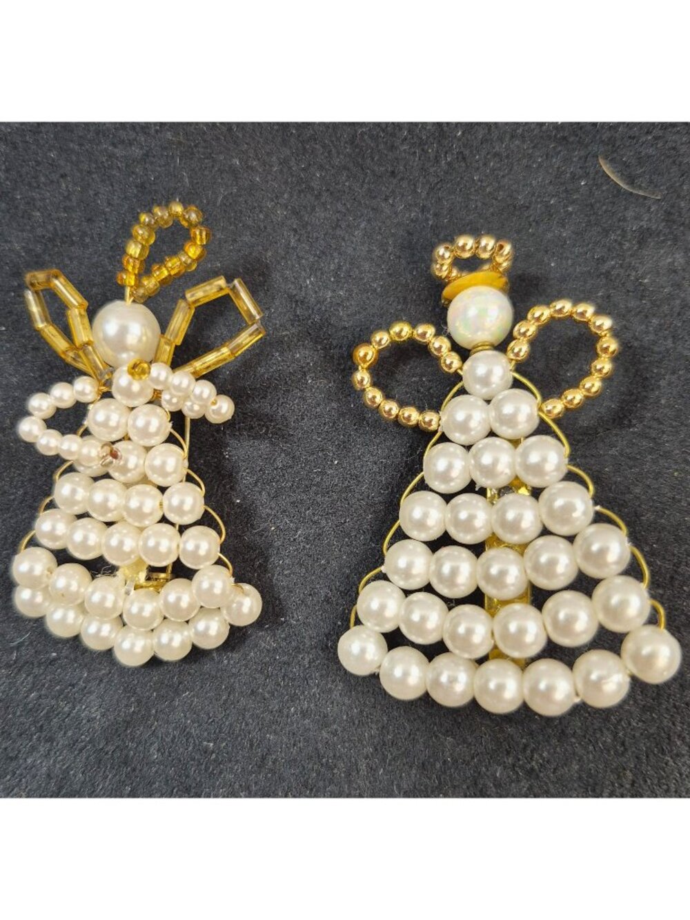 Vintage Angel Brooch Pair Faux Pearl Beads & Gold Wire Handmade Holiday Jewelry